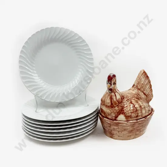 Chicken Form Ceramic Tureen and Eight White China Plates
