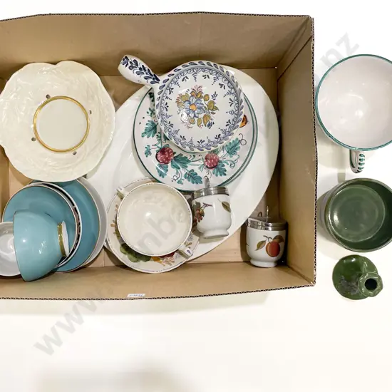 Box of China Including Egg Coddlers and Breakfast Mugs