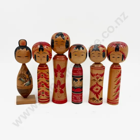 Six Kokeshi Traditional Japanese Wooden Dolls