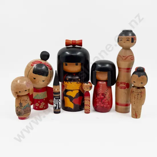 Eight Kokeshi Traditional Japanese Wooden Dolls