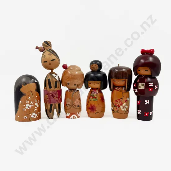 Six Kokeshi Traditional Japanese Wooden Dolls