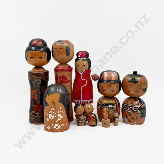 Seven Kokeshi Traditional Japanese Wooden Dolls
