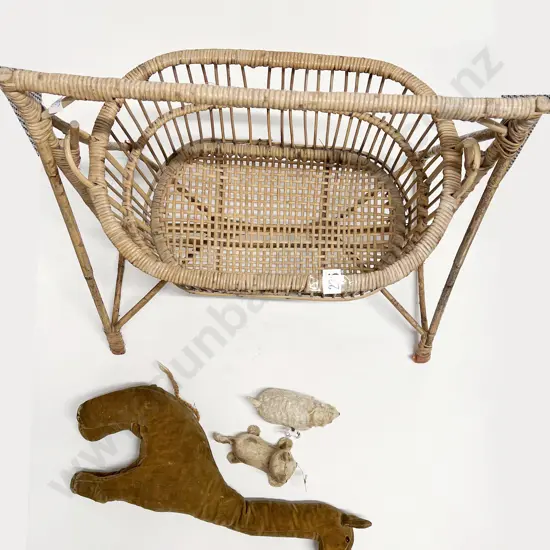 Two Vintage Clockwork Toys and Cane Dolls Cradle