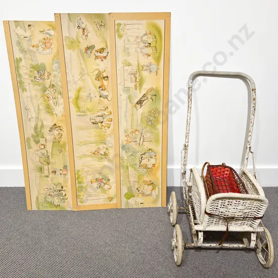 Vintage Woven Cane Dolls Push Chair (af) and Three Peter Rabbit Nursery Frieze Panels