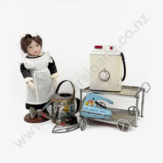 New Bisque Doll dressed as Maid with Trolley and three tinplate toys