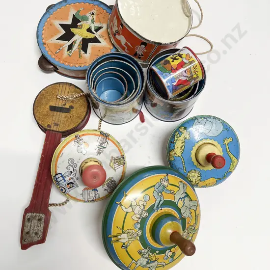 Collection Vintage Tinplate Spinning Tops Stacking Buckets and Various