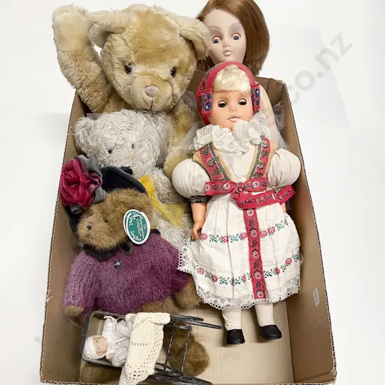 Three Teddy Bears Vinyl Ballerina Doll National Costume Doll and Pram