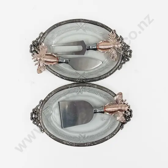 Pair of Small Glass Oval Dishes together with Three Piece Cheese Set
