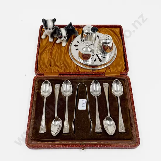 S/P Cased Teaspoon Set together with Cruet and Two Dog Ornaments