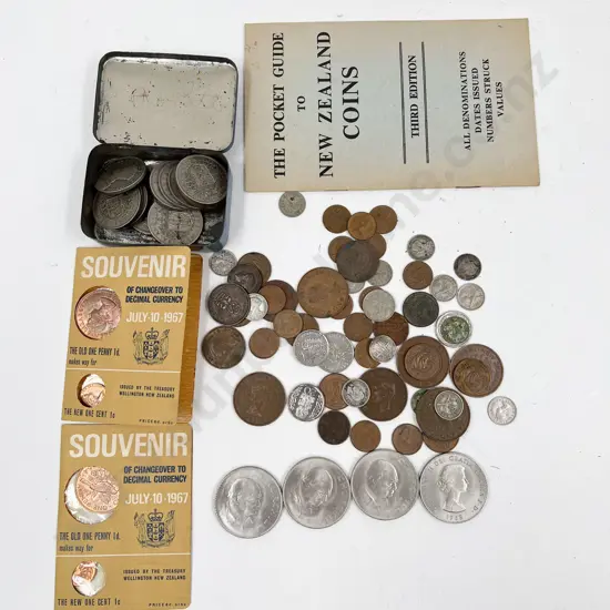 Small Qty NZ and Various Pocket Change Coinage with 1967 Souvenir Penny and Pocket Guide