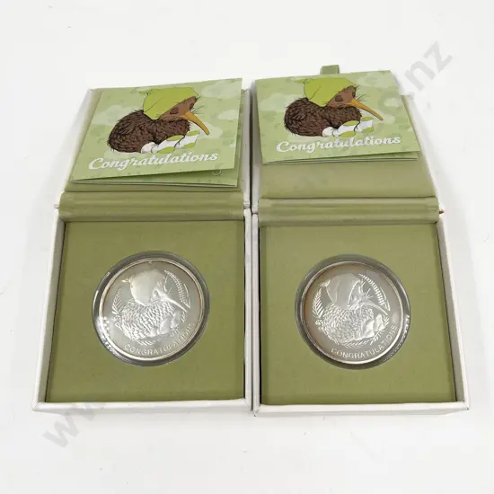 NZ Congratulations New Born Baby Silver Plate Proof Medallion x2