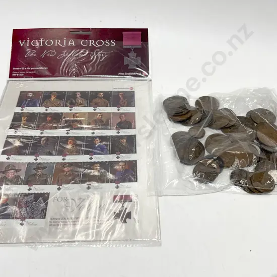 NZ Victoria Cross Stamp Pack with Pocket Change & Half Cartwheel Penny