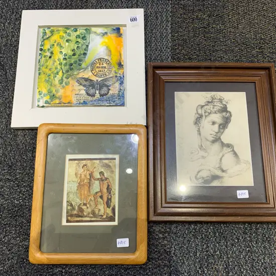 Mixed Media Tile Work & Two Prints