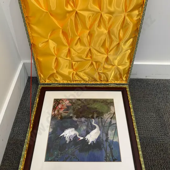 Framed Chinese Silk Artwork of Cranes in Presentation Box