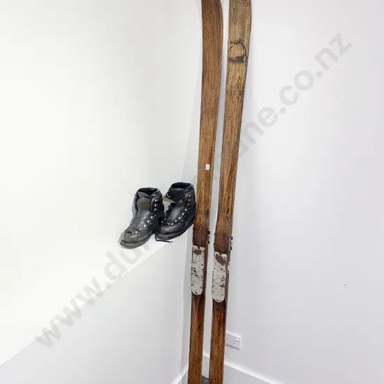 Pair of Vintage Wooden Ski's and Ski Boots