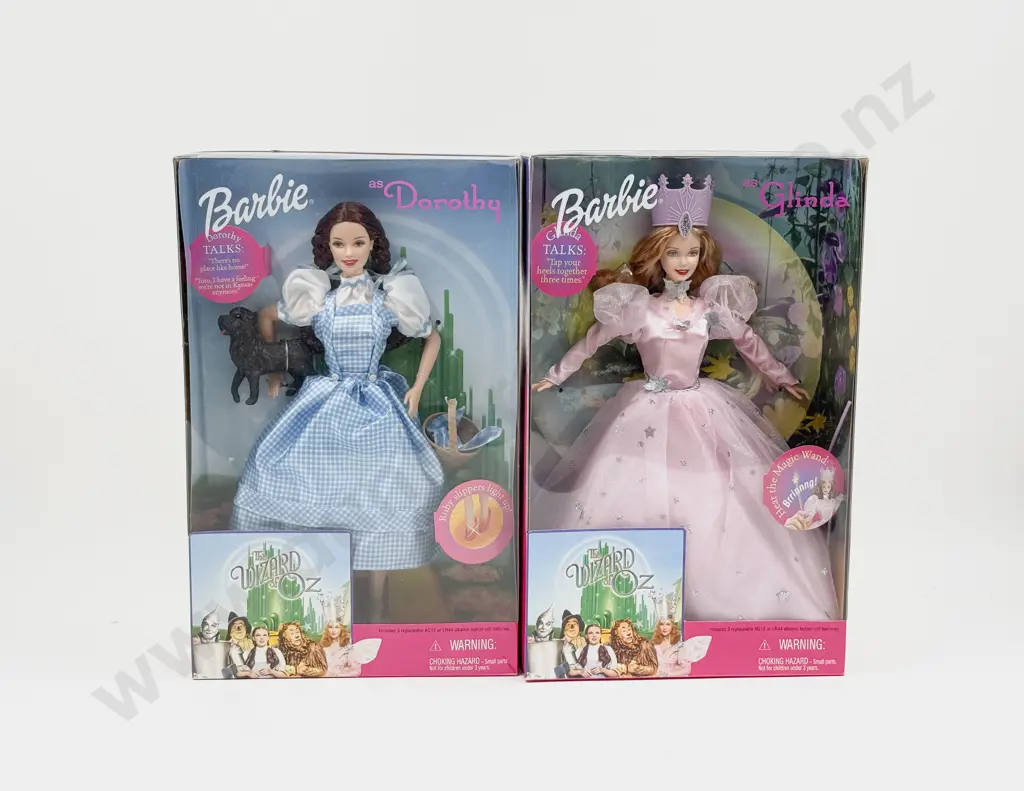 C1999 The Wizard of Oz Barbie as Dorothy and Glinda with C1995 Ken as The Tin Man MIB Image 1++