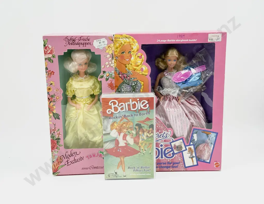 C1986 Barbie Jewel Secrets and Barbie Rockin' VHS with Tanja Comtessa Doll MIB Image 1++