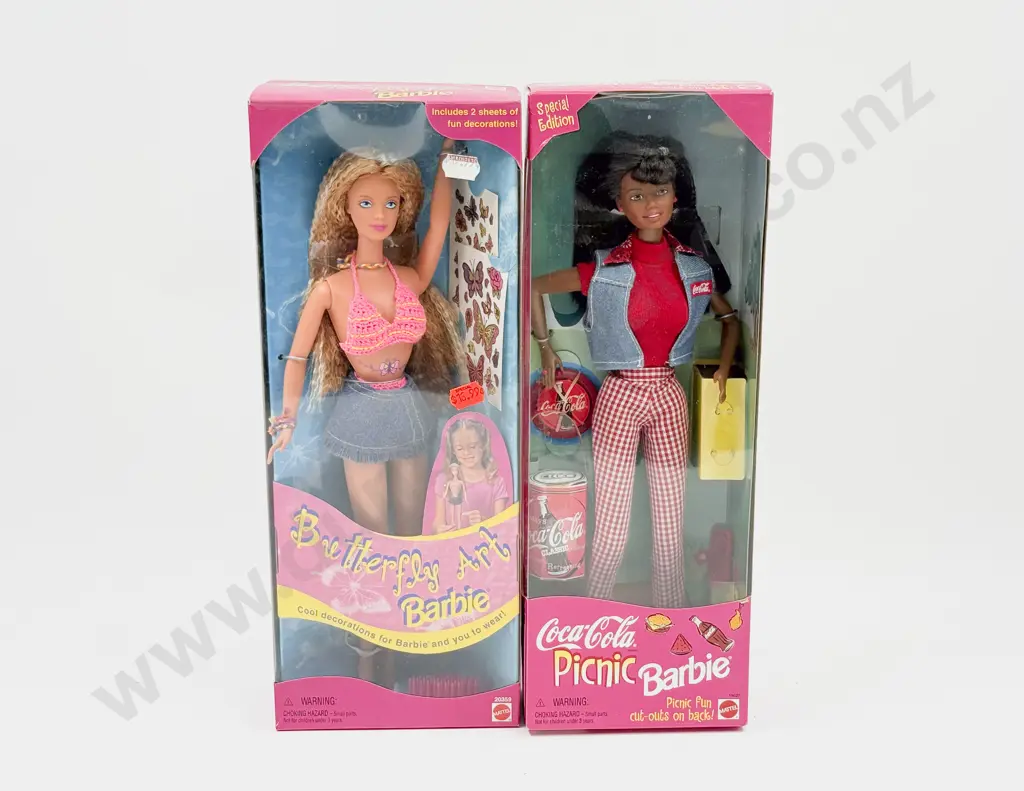 C1998 Butterfly Art Barbie and C1997 Coca-Cola Picnic Barbie Special Ed MIB Image 1++