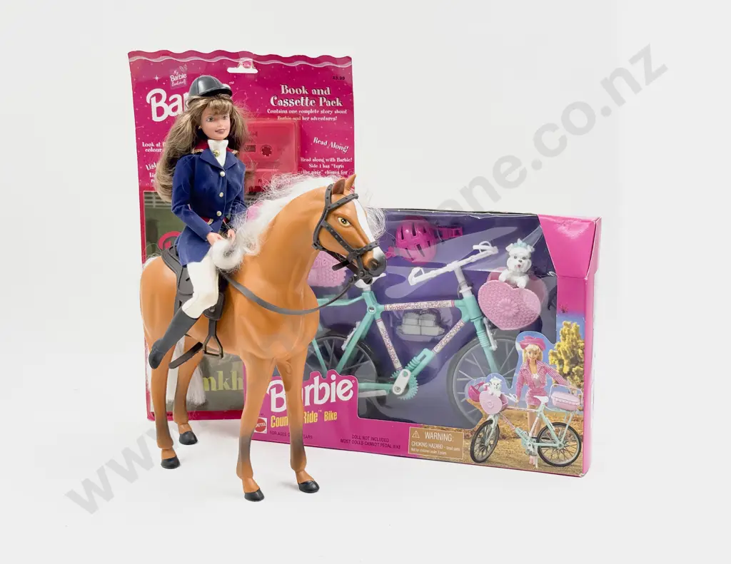 C1997 Barbie Country Ride Bike MIB with Unboxed Horse Riding Barbie and Gymkhana Day Pack Image 1++