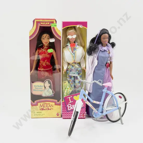 Two Barbie Dolls with Boxed Disney Mulan Doll and Barbie Bicycle
