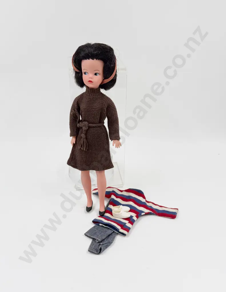 C1960's Sindy wearing Coffee Party Knitted Wool Seater Dress and Weekenders Image 1++