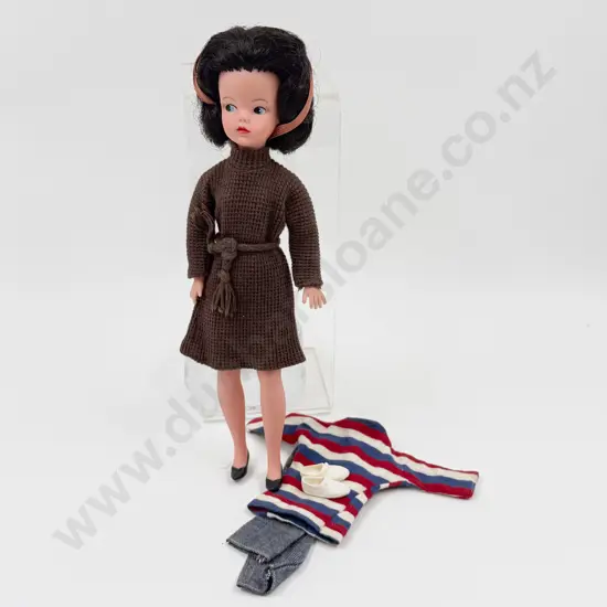C1960's Sindy wearing Coffee Party Knitted Wool Seater Dress and Weekenders
