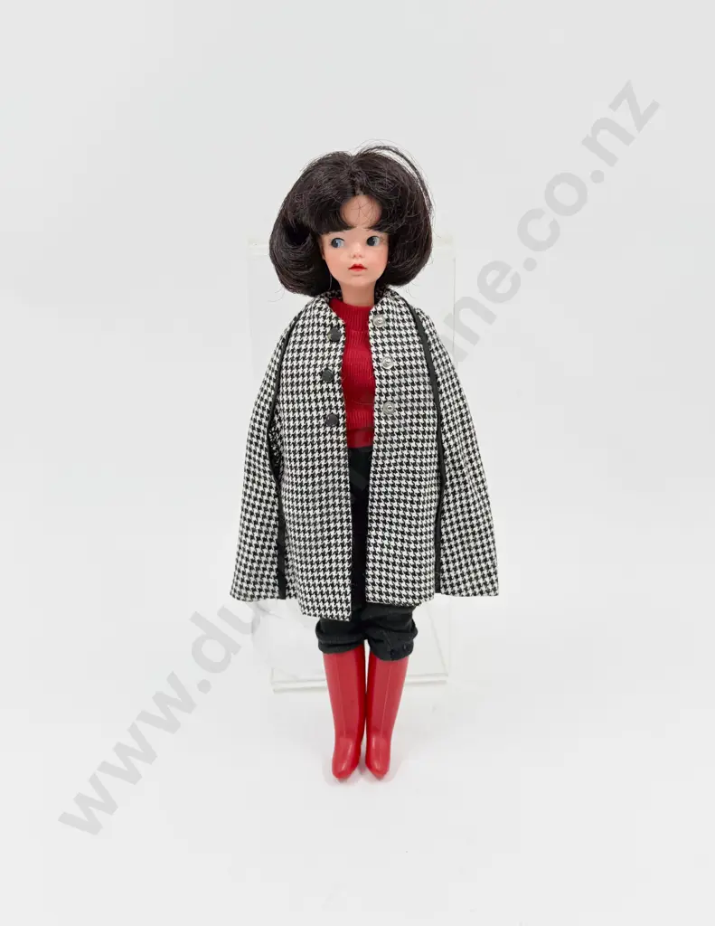 C1960's Sindy wearing Sloppy Joe Sweater with socks and black and white houndstooth check wool cape Image 1++