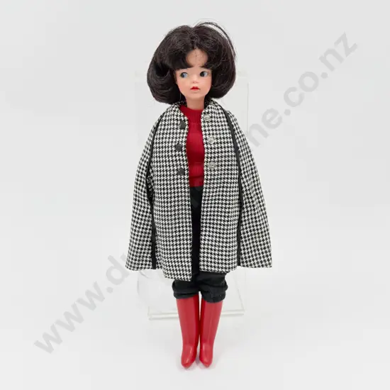 C1960's Sindy wearing Sloppy Joe Sweater with socks and black and white houndstooth check wool cape