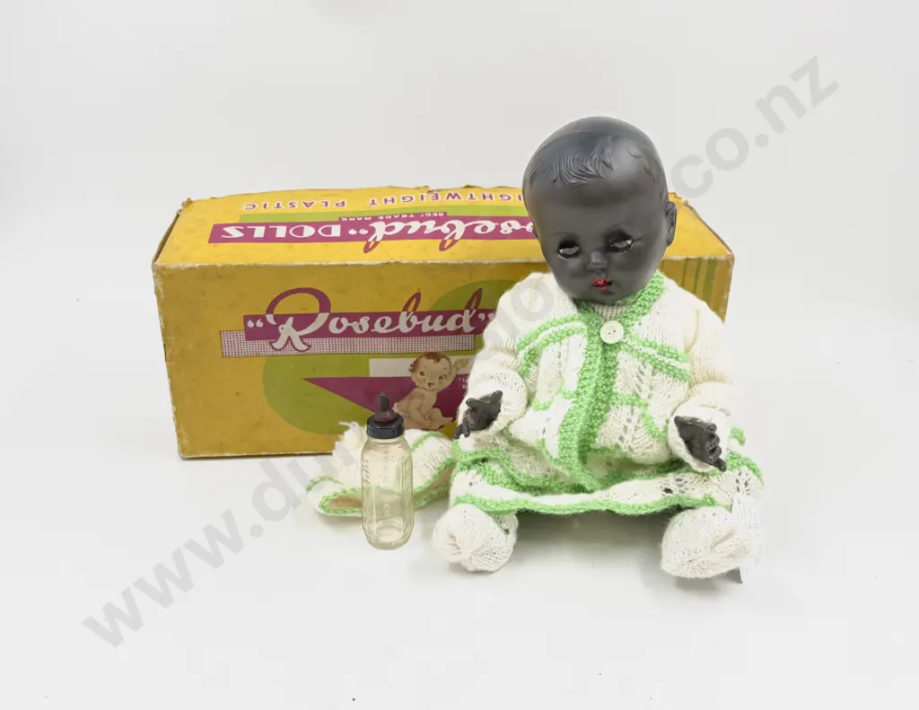 Boxed Rosebud Made in England Black All Hard Plastic Bent Limb Baby Doll 34cm Image 1++