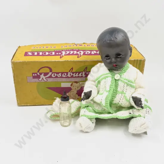 Boxed Rosebud Made in England Black All Hard Plastic Bent Limb Baby Doll 34cm