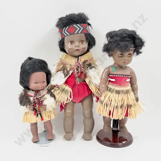 Three Vintage Pedigree Soft Plastic Maori Costume Dolls 39cm - 24cm