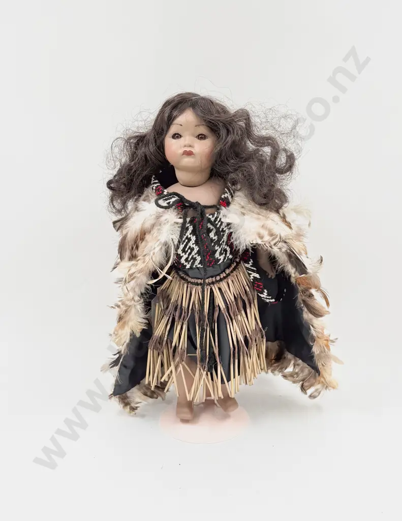 New All Bisque Maori Costume Doll By Jean Cree Whangarei with full feather cloak 40cm Image 1++