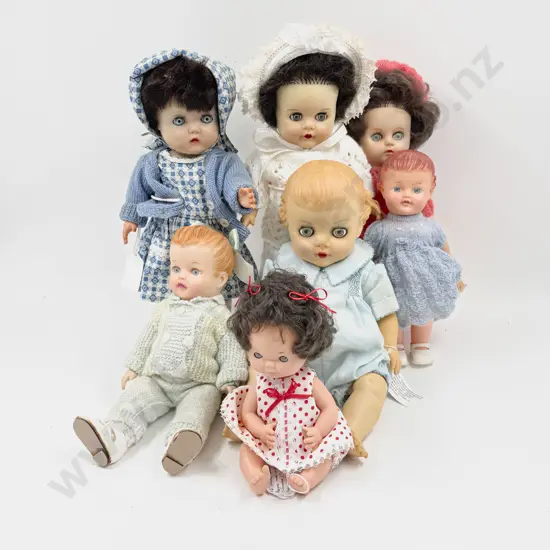 Collection Seven Pedigree 1950-60's Moulded Soft Plastic Dolls 36cm-23cm (some playwear)