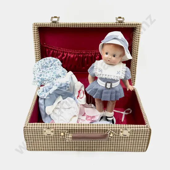 1933 Replica Effanbee Patsy Doll with Trunk and various outfits 33cm