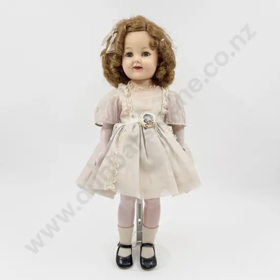 C1950's Shirley Temple All Vinyl Original Outfit Doll with Button and Ribbon 47cm (some fading)