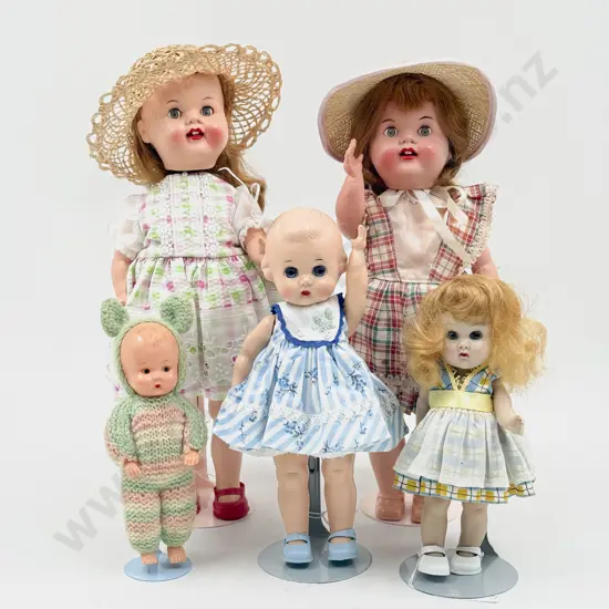 C1950's Two Roddy Walkers with Three Various Dollies 32cm - 16cm