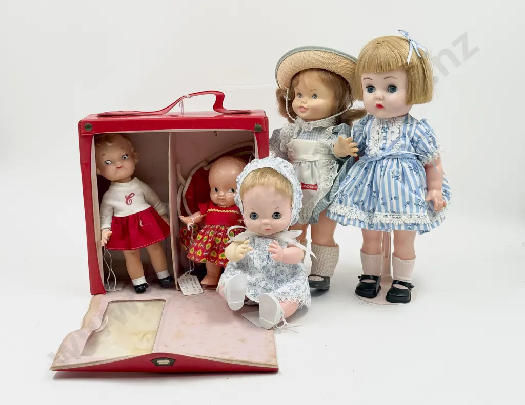 Two Chiltern Vinyl Character Dolls with Little Debbie Campbell Kid Hard Plastic and Travel Case Image 1++