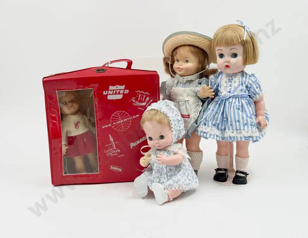 Two Chiltern Vinyl Character Dolls with Little Debbie Campbell Kid Hard Plastic and Travel Case Image 1++