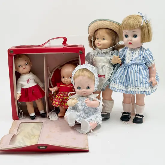 Two Chiltern Vinyl Character Dolls with Little Debbie Campbell Kid Hard Plastic and Travel Case