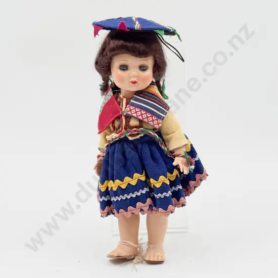 C1950's Rosebud Made in England All Hard Plastic Doll 28cm in original Peruvian costume and box