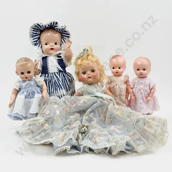 C1950's Six Rosebud Various All Hard Plastic Character Dollies 34cm - 16cm