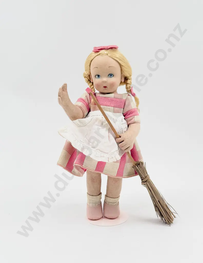 Post-War Lenci BC Series Wide Eyed All Cloth Doll with Broom and still with paper tag 29cm Image 1++