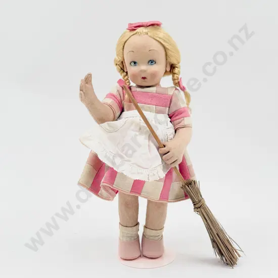 Post-War Lenci BC Series Wide Eyed All Cloth Doll with Broom and still with paper tag 29cm