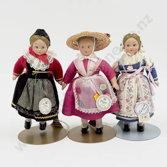 Three C1950's Lenci Hard Plastic All Original National Costume Dolls still with paper tags 15cm