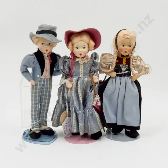 Three Baitz Austria All Cloth and Composition Character Dolls in Original Costumes 23cm