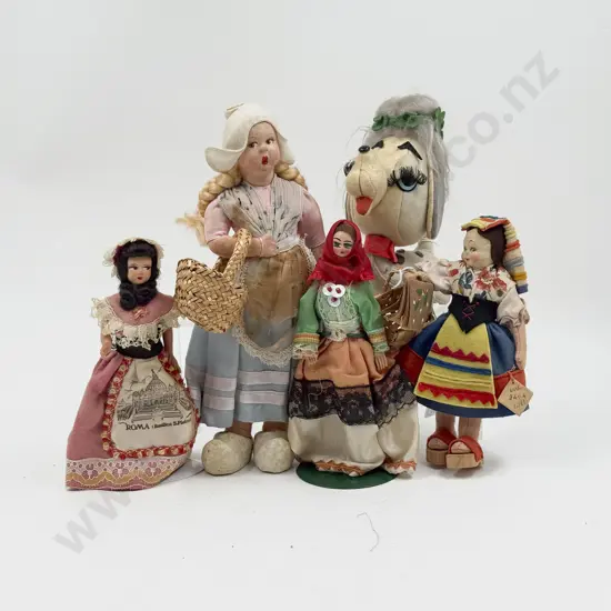 Four Lenci Type Costume Dolls and All Felt Italian Character Poodle 26cm - 18cm