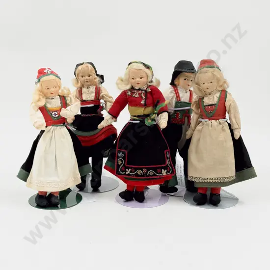 C1930's Five Ronnaug Petterssen Norwegian All Cloth Souvenir Costume Dolls 19cm