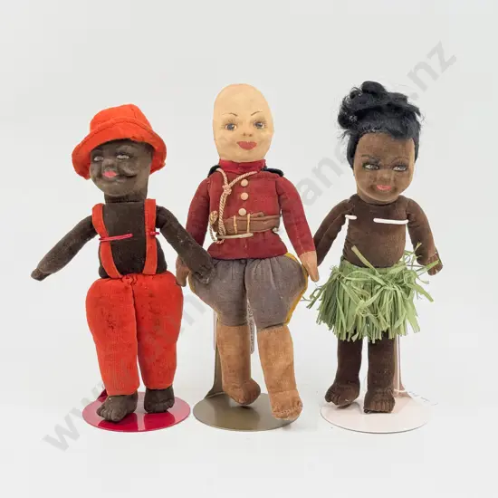 Three Norah Wellings All Cloth Dolls Island Boy and Island Girl with Canadian Mountie (no hat)