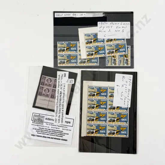 NZ 1964 Road Safety Flaw Block x2 and Australia 1947 1d Princess Elizabeth Flaw Block