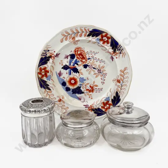 Three Glass Dresser Jars with Decorative Plate